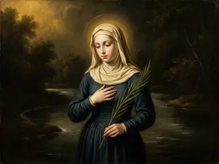 Pintura de estilo barroco: Santa Irene, joven portuguesa, con la palma junto al río
