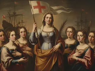 Pintura de estilo barroco: Santa Úrsula, princesa, con el estandarte y sus compañeras