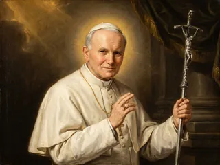 Pintura de estilo barroco: San Juan Pablo II con el báculo de la cruz