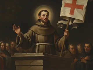 Pintura de estilo barroco: San Juan de Capistrano predicando con el estandarte de la cruz