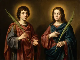 Pintura de estilo barroco: San Crisanto y Santa Daría, matrimonio mártir, con palmas