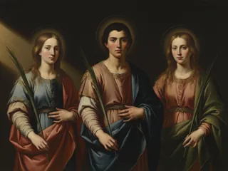Pintura de estilo barroco: los santos Vicente, Sabina y Cristeta, mártires de Ávila, con palmas