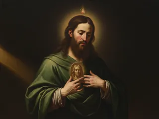 Pintura de estilo barroco: San Judas Tadeo con el medallón de Cristo en el pecho y la llama sobre la cabeza
