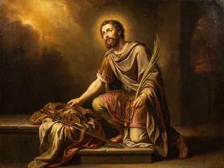 Pintura de estilo barroco: San Marcelo el Centurión dejando su cinturón militar, con la palma