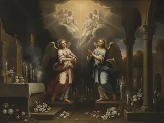 Pintura de estilo barroco: una capilla de cementerio con velas encendidas y ángeles que elevan las almas hacia la luz