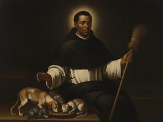 Pintura de estilo barroco: San Martín de Porres con la escoba y el perro, el gato y el ratón comiendo juntos