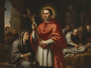 Pintura de estilo barroco: San Carlos Borromeo, cardenal, con un crucifijo atendiendo a los enfermos