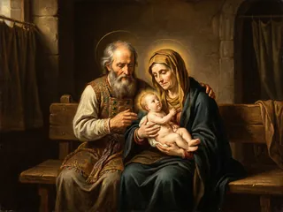 Pintura de estilo barroco: San Zacarías y Santa Isabel con el niño Juan Bautista