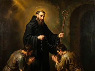 Pintura de estilo barroco: San Leonardo con la cadena rota y los presos liberados