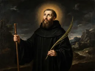 Pintura de estilo barroco: San Ernesto, abad, con el bastón de peregrino y la palma