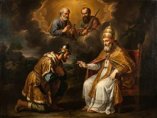 Pintura de estilo barroco: el papa San León Magno ante Atila con San Pedro y San Pablo en el cielo