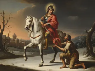 Pintura de estilo barroco: San Martín de Tours partiendo su capa con un pobre