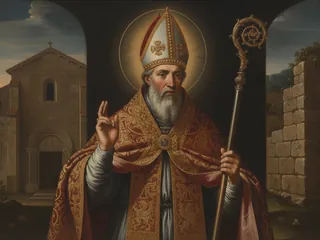 Pintura de estilo barroco: San Leandro, arzobispo de Sevilla, con báculo ante la Sevilla visigoda