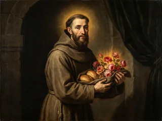 Pintura de estilo barroco: San Diego de Alcalá con el pan convertido en rosas