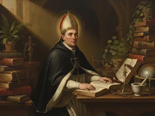 Pintura de estilo barroco: San Alberto Magno rodeado de libros y plantas