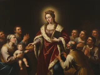 Pintura de estilo barroco: Santa Margarita de Escocia, reina, con el Evangelio dando de comer a los pobres