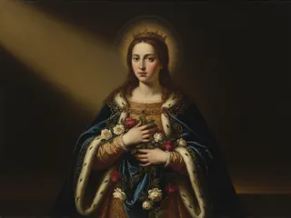 Pintura de estilo barroco: Santa Isabel de Hungría con el pan convertido en rosas en su manto