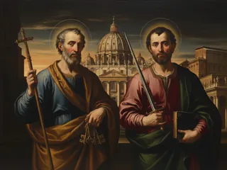 Pintura de estilo barroco: San Pedro y San Pablo ante la basílica de San Pedro de Roma