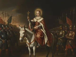 Pintura de estilo barroco: Santa Isabel de Portugal, reina, poniendo paz entre dos ejércitos