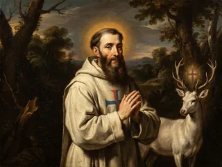 Pintura de estilo barroco: San Félix de Valois con el ciervo blanco de la cruz roja y azul