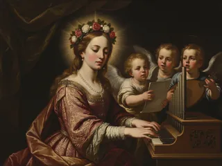 Pintura de estilo barroco: Santa Cecilia tocando el órgano con ángeles que cantan