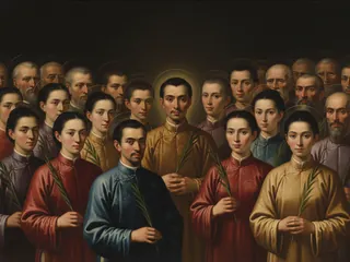 Pintura de estilo barroco: San Andrés Dung-Lac y los mártires de Vietnam con palmas