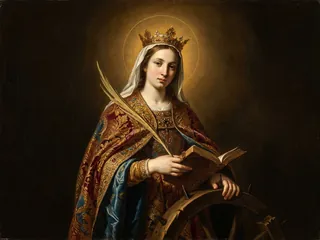 Pintura de estilo barroco: Santa Catalina de Alejandría, princesa, con libro, palma y la rueda rota