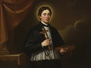 Pintura de estilo barroco: San Juan Berchmans, joven jesuita, con crucifijo y rosario