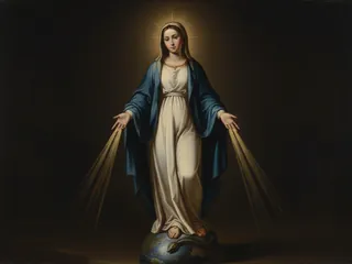 Pintura de estilo barroco: la Virgen de la Medalla Milagrosa sobre el globo con rayos de luz en las manos