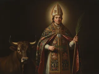 Pintura de estilo barroco: San Saturnino de Tolosa, obispo, con la palma y un toro manso