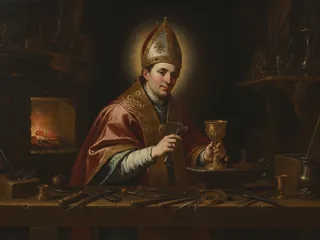 Pintura de estilo barroco: San Eloy, obispo y orfebre, trabajando un cáliz