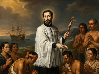 Pintura de estilo barroco: San Francisco Javier bautizando en la India con un crucifijo