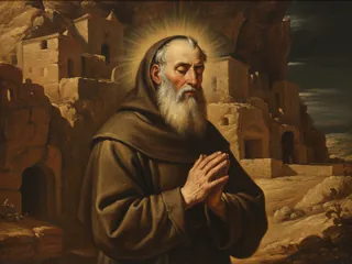 Pintura de estilo barroco: San Sabas, monje, en el monasterio del desierto de Judea