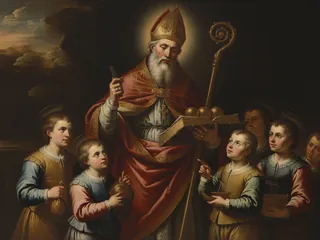 Pintura de estilo barroco: San Nicolás de Bari, obispo, con el libro y las tres bolas de oro, rodeado de niños