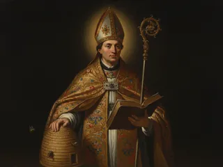 Pintura de estilo barroco: San Ambrosio de Milán, obispo, con libro y colmena