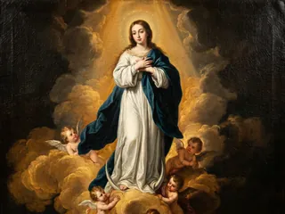 Pintura de estilo barroco: la Inmaculada Concepción sobre la luna, entre nubes y ángeles