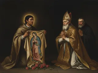 Pintura de estilo barroco: San Juan Diego abriendo la tilma llena de rosas con la imagen de la Virgen de Guadalupe