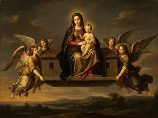 Pintura de estilo barroco: la Virgen de Loreto con el Niño sobre la Santa Casa llevada por los ángeles