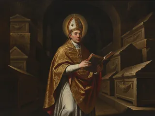 Pintura de estilo barroco: el papa San Dámaso I en las catacumbas con un libro