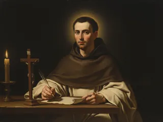 Pintura de estilo barroco: San Juan de la Cruz escribiendo a la luz de una vela ante el crucifijo