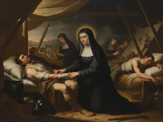 Pintura de estilo barroco: Santa María Crucificada di Rosa atendiendo a soldados en un hospital de campaña