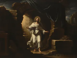 Pintura de estilo barroco: Lázaro saliendo del sepulcro a la llamada de Jesús