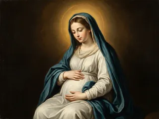 Pintura de estilo barroco: la Virgen de la Esperanza, encinta, con las manos sobre el vientre