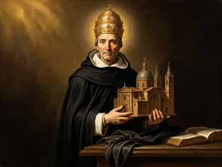 Pintura de estilo barroco: el papa San Urbano V con la maqueta de una universidad