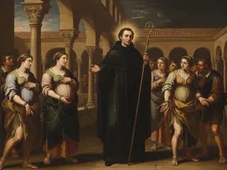Pintura de estilo barroco: Santo Domingo de Silos liberando a los cautivos en el claustro