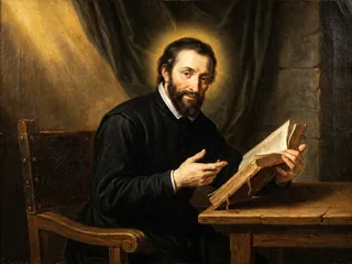 Pintura de estilo barroco: San Pedro Canisio enseñando con el catecismo