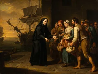 Pintura de estilo barroco: Santa Francisca Javier Cabrini recibiendo a los emigrantes en el puerto