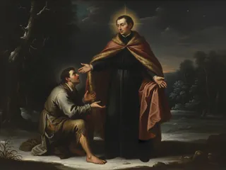 Pintura de estilo barroco: San Juan de Kety dando su capa a un pobre en la nieve