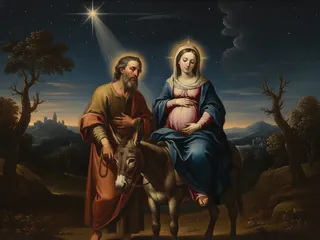 Pintura de estilo barroco: José y María, montada en el burro, de camino a Belén bajo la estrella
