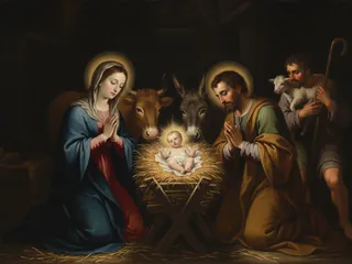 Pintura de estilo barroco: el nacimiento de Jesús en el pesebre con María, José, el buey y la mula